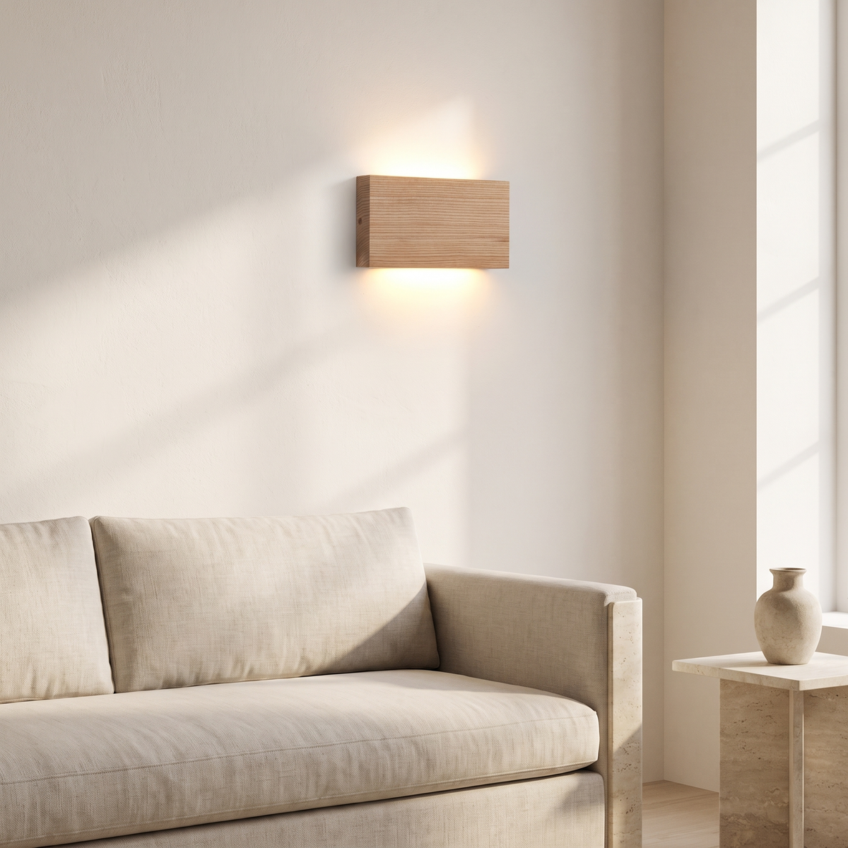 Agnes ash wood sconce above a sofa