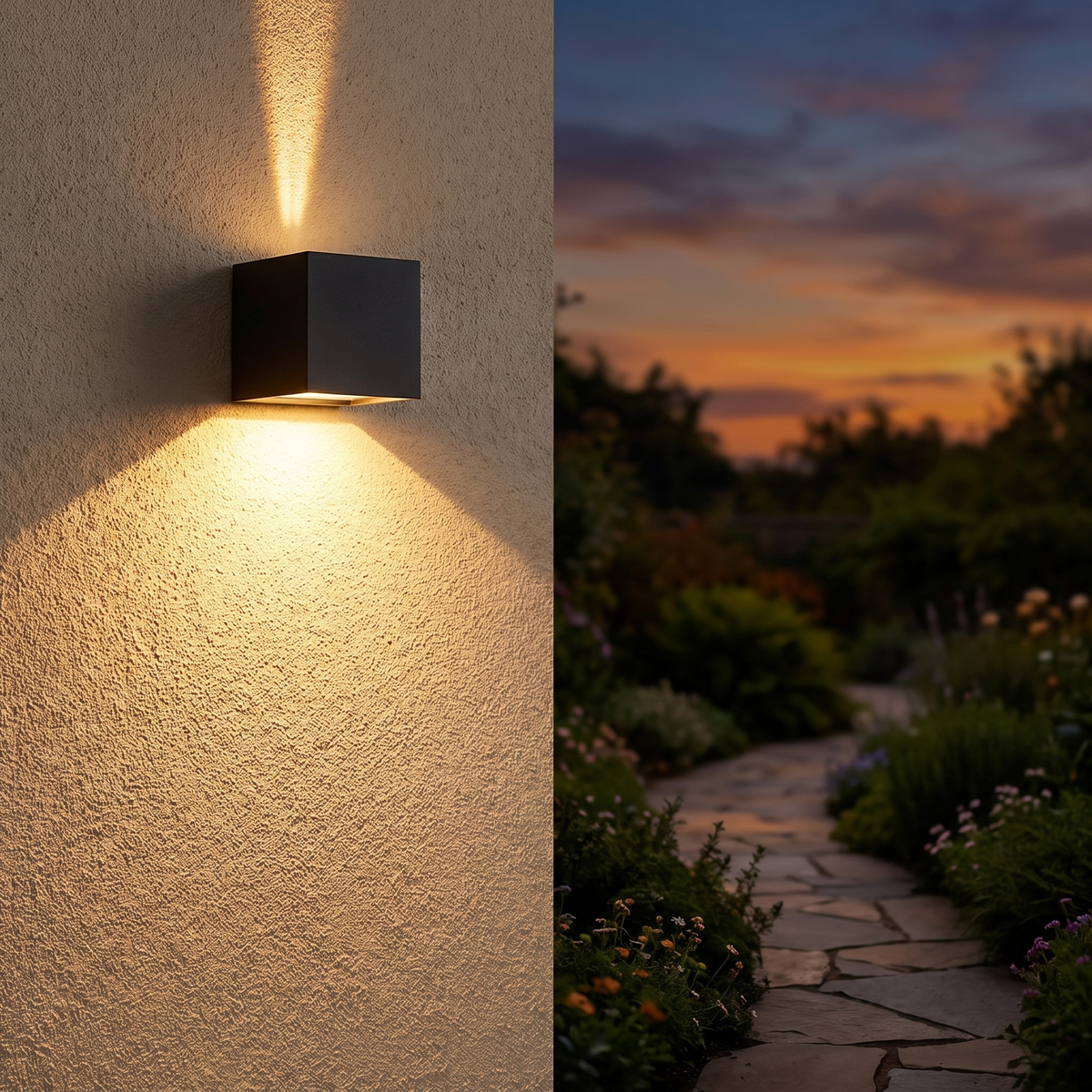 Alix solar wall light on a stucco wall at dusk
