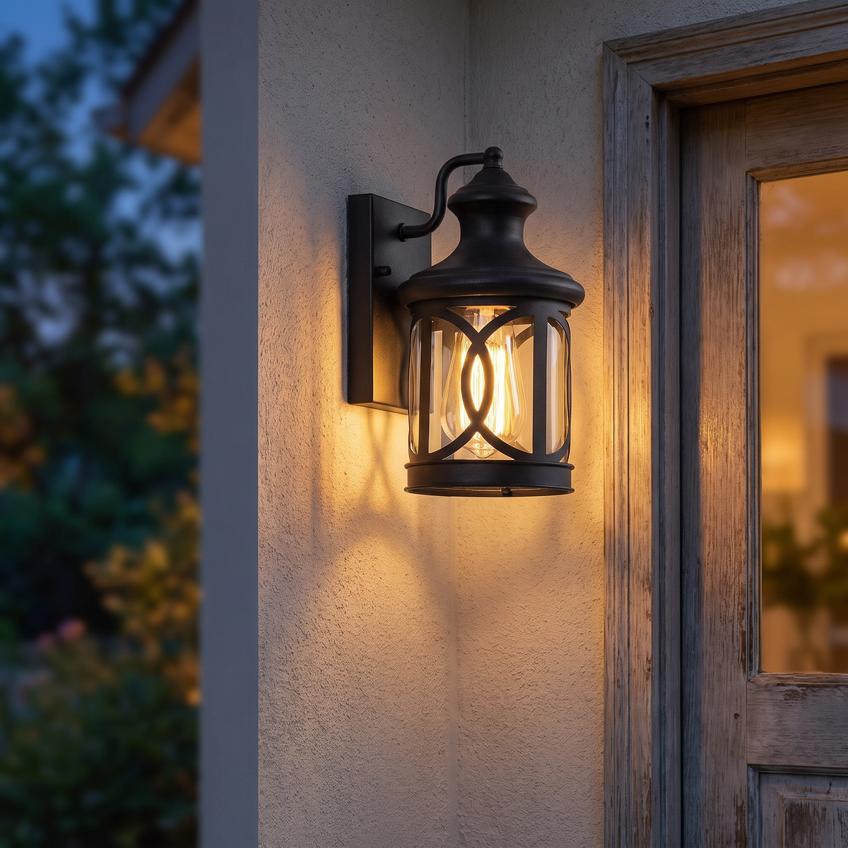 Anais lantern beside a porch door at dusk