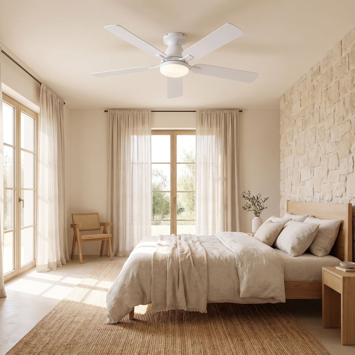 Augustine white ceiling fan in a bright bedroom