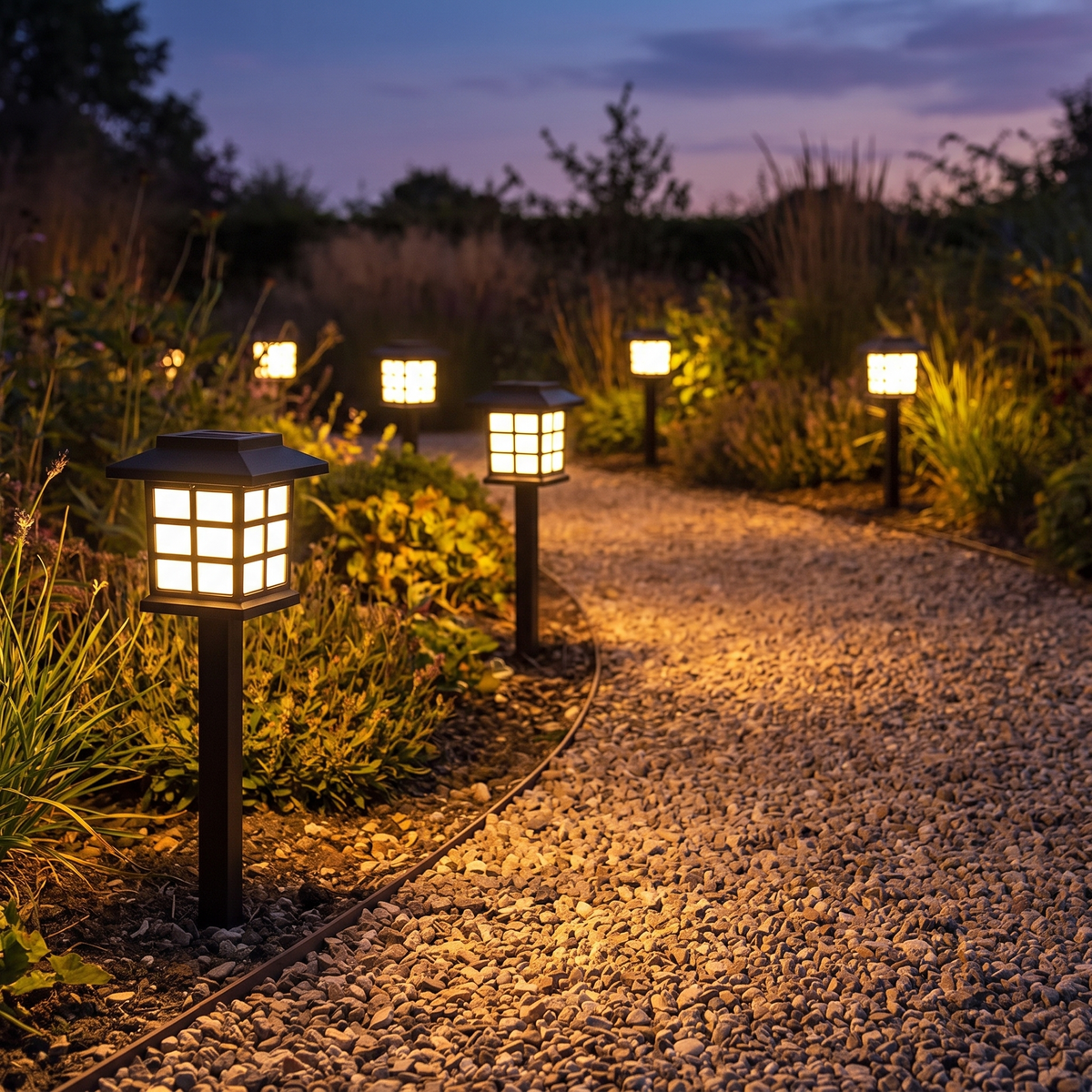 Apolline solar path lights along a garden path at dusk
