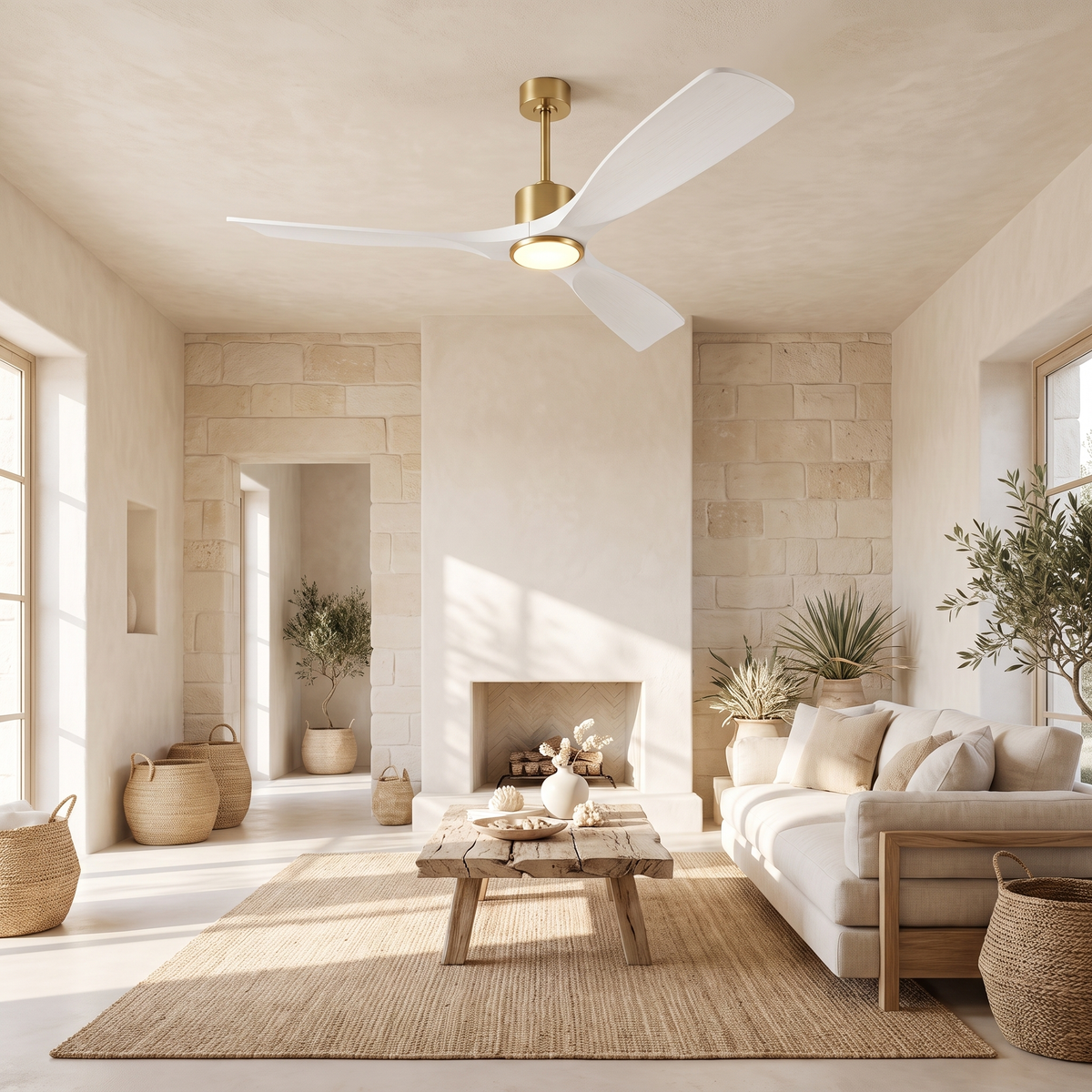 Aurore wood-blade ceiling fan in a coastal living room