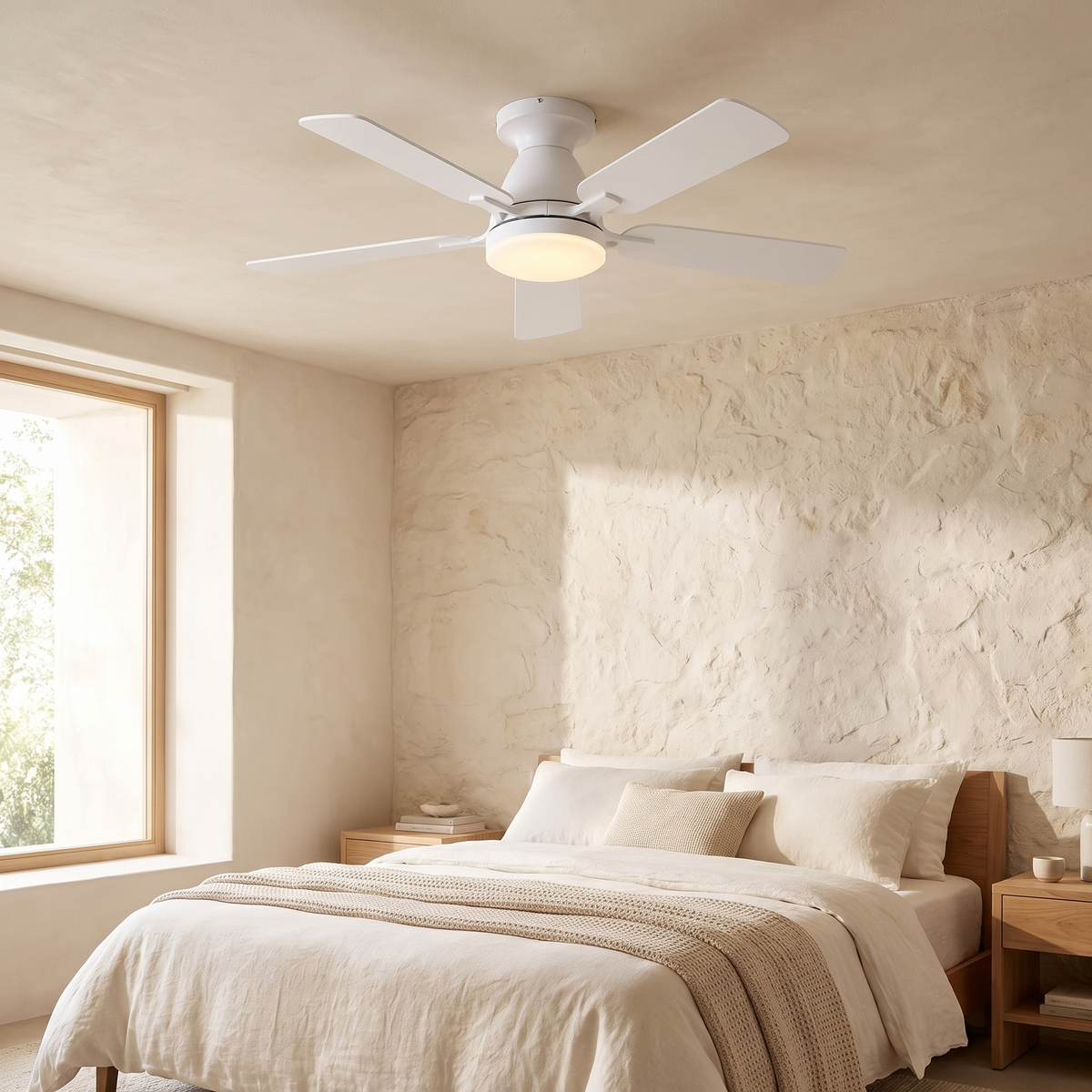 Bernadette white ceiling fan in a bright bedroom