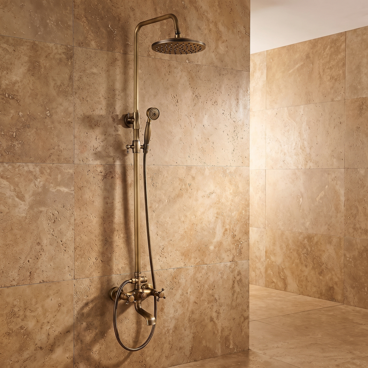 Bordeaux rainfall shower set on a travertine wall