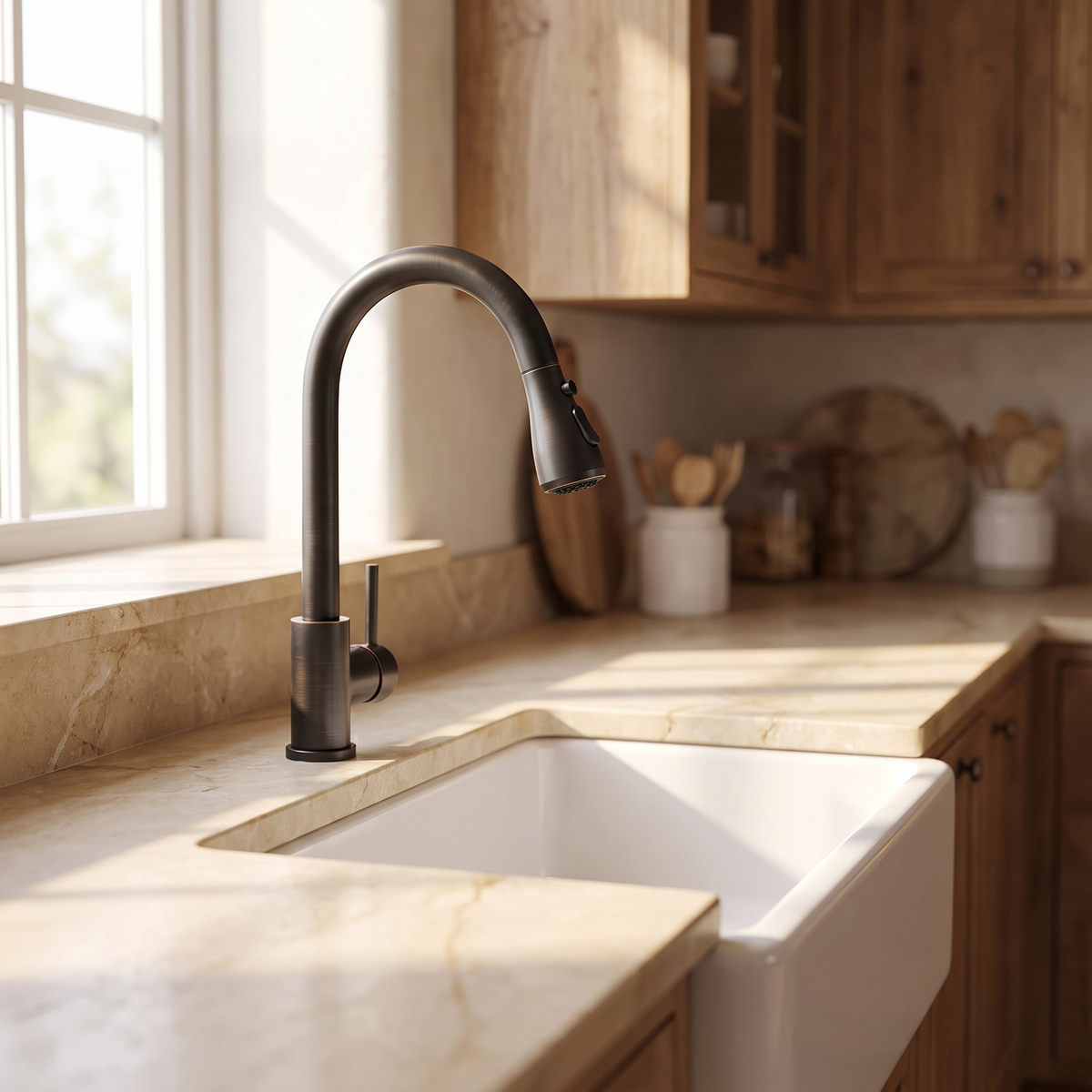 Cambria kitchen faucet at a farmhouse sink