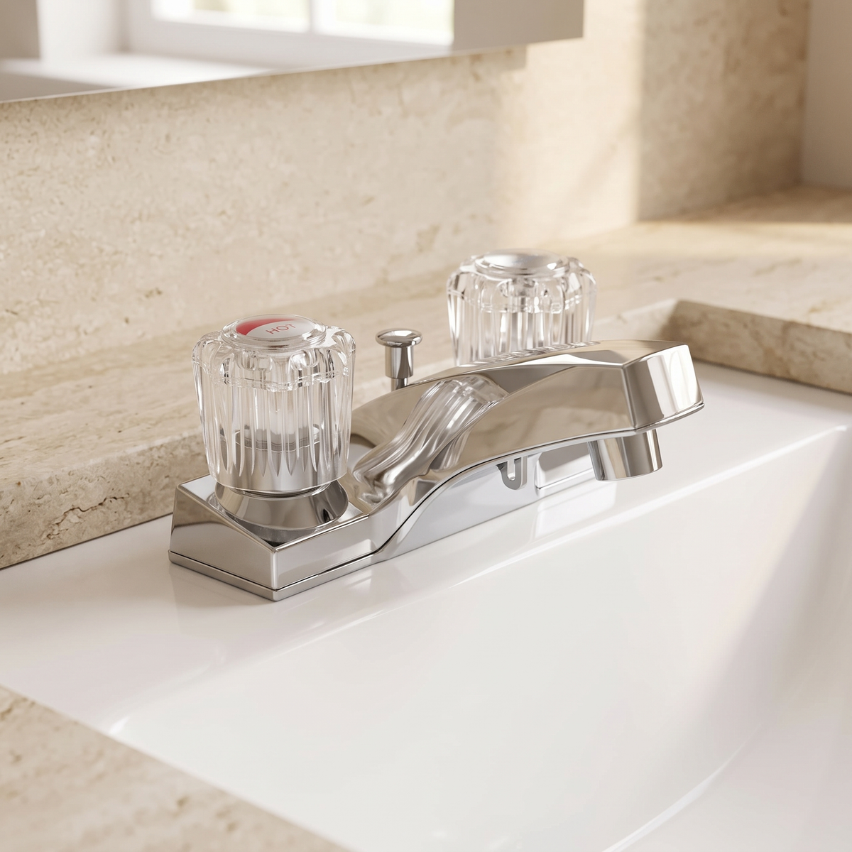 Carmel centerset bath faucet on a stone vanity