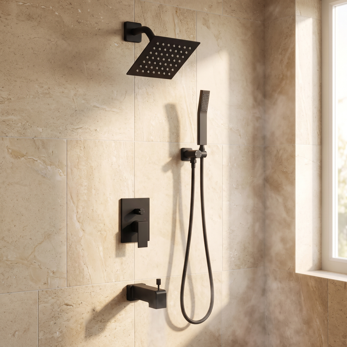 Clairvaux tub and shower set on a stone wall