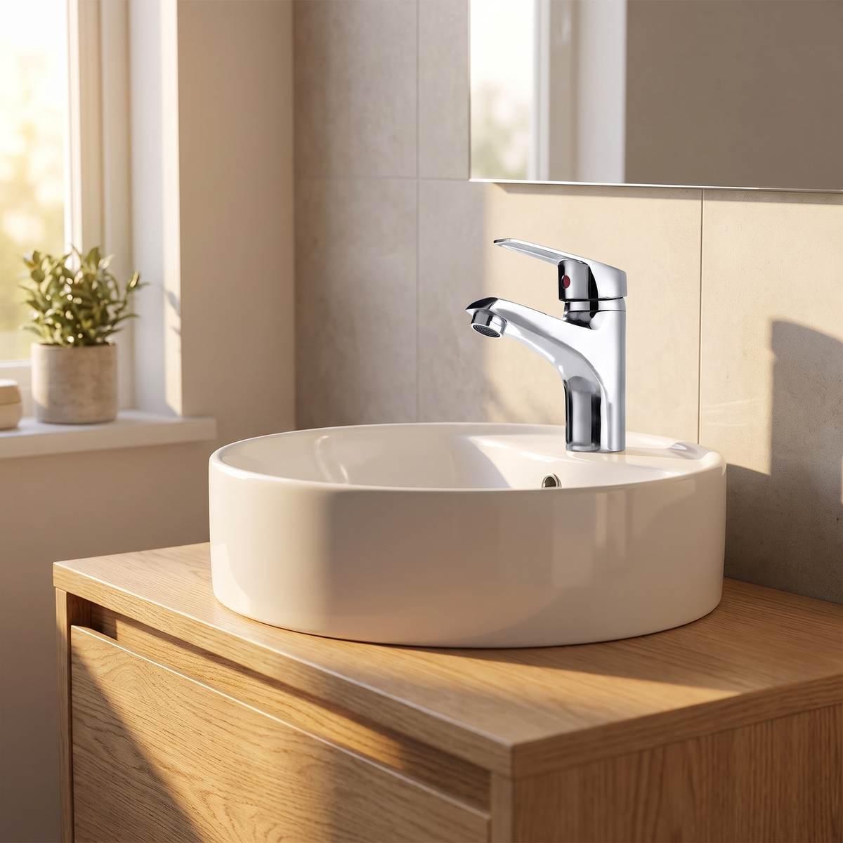 Cerise faucet on an oak vanity