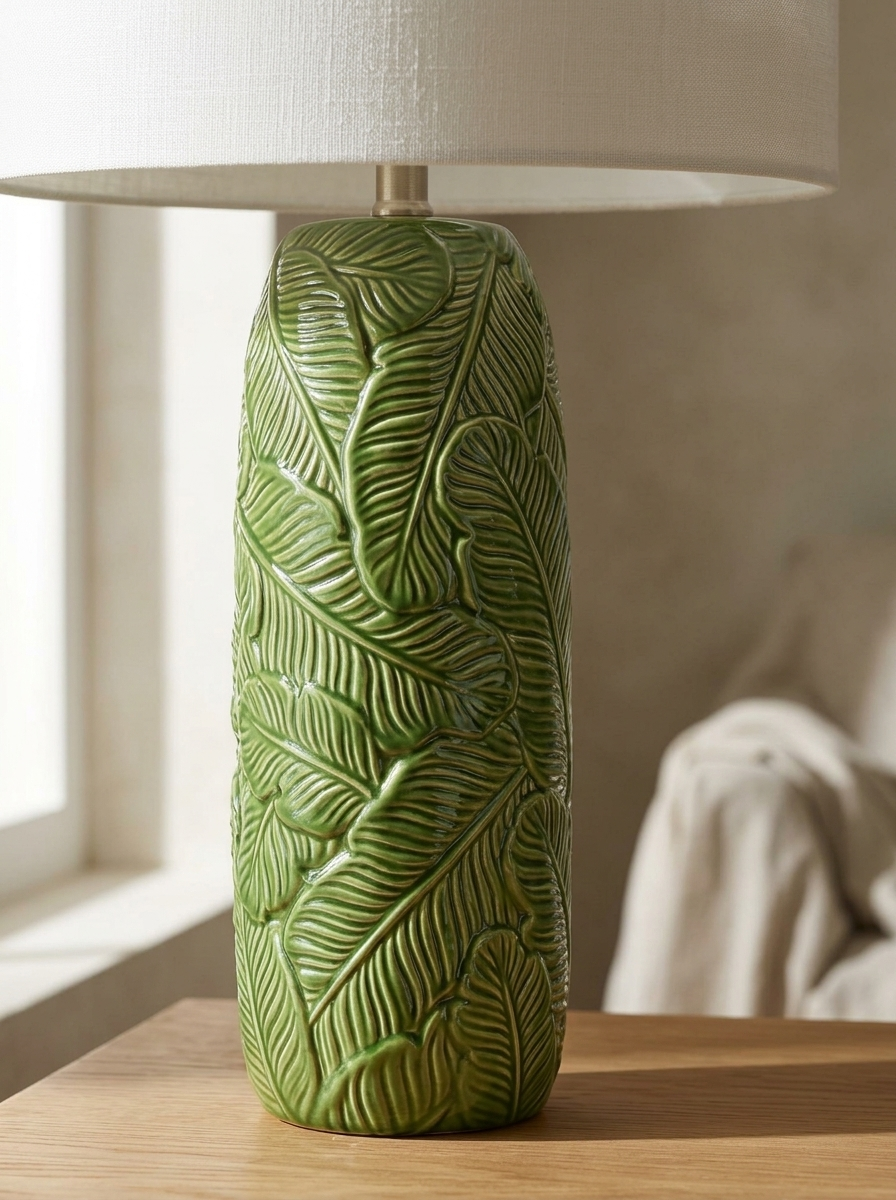 Dinard 25" Leaf-Relief Ceramic Table Lamp — Green, Set of 2 — detail