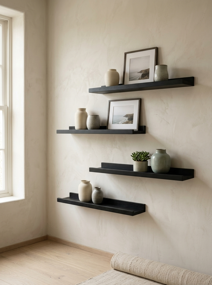 Doria 24" Solid Wood Floating Shelf — Black, Set of 4 — in a room