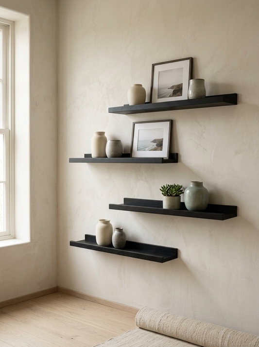 Doria 24" Solid Wood Floating Shelf — Black, Set of 4 — in a room