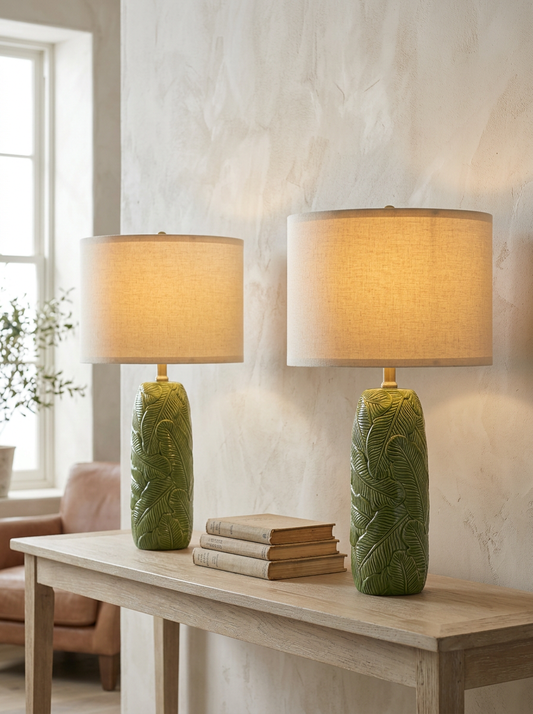 Dinard 25" Leaf-Relief Ceramic Table Lamp — Green, Set of 2 — in a room