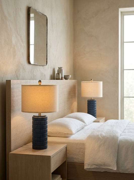 Dieppe 23" Ceramic Table Lamp — Dark Blue, Set of 2 — in a room