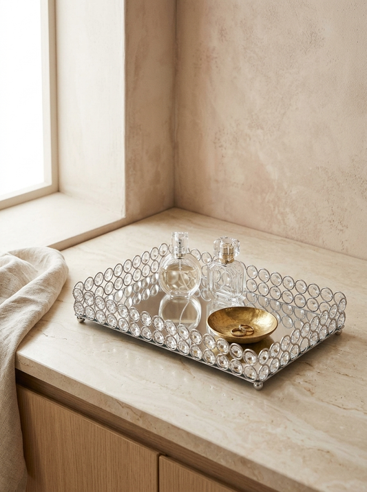 Diane Mirrored Crystal Vanity Tray — Silver — in a room