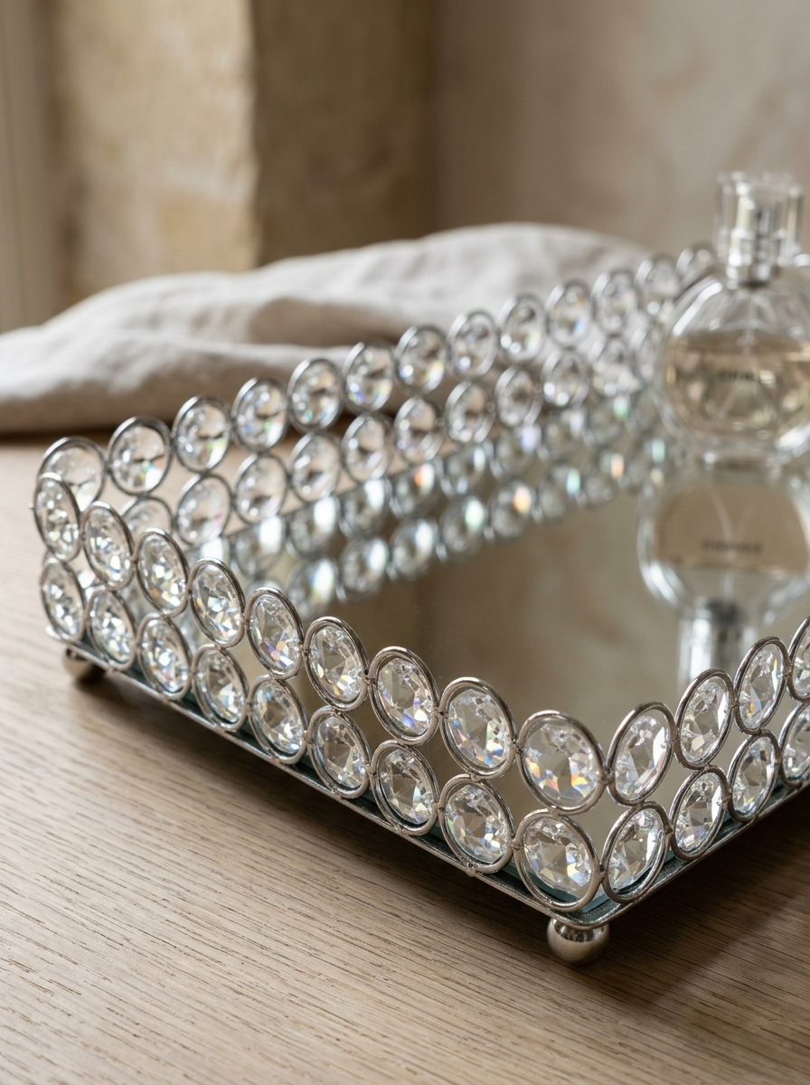 Diane Mirrored Crystal Vanity Tray — Silver — detail