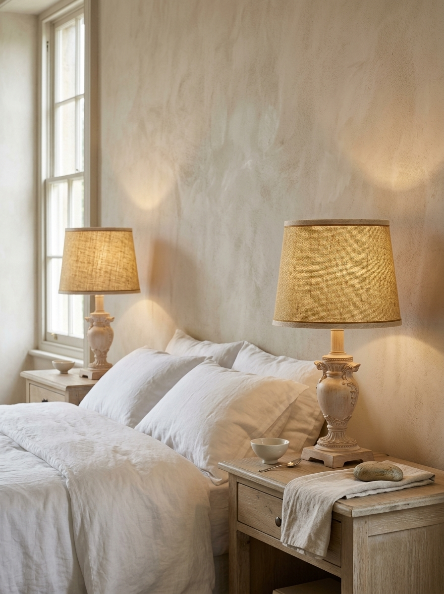 Dominique Woven-Shade Table Lamp — Beige, Set of 2 — in a room