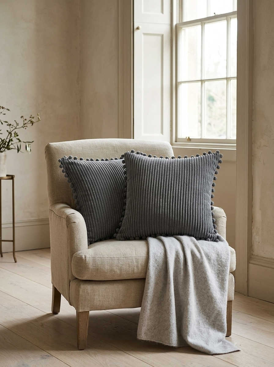 Dune Corduroy Pom-Pom Pillow Covers — Dark Grey, Set of 2 — in a room