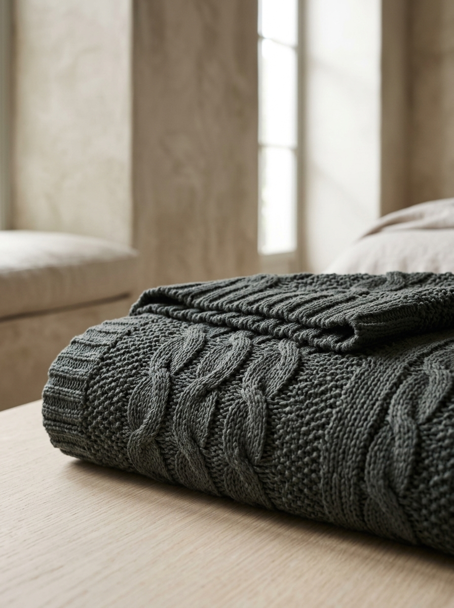 Daria Cotton Cable-Knit Throw — Charcoal — detail