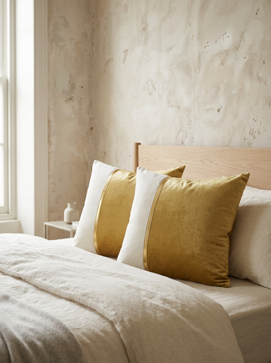 Dorée Velvet Patchwork Pillow Covers — Gold & White, Set of 2 — in a room