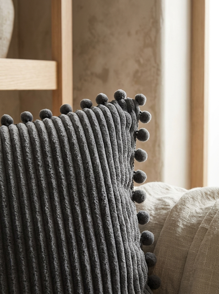 Dune Corduroy Pom-Pom Pillow Covers — Dark Grey, Set of 2 — detail