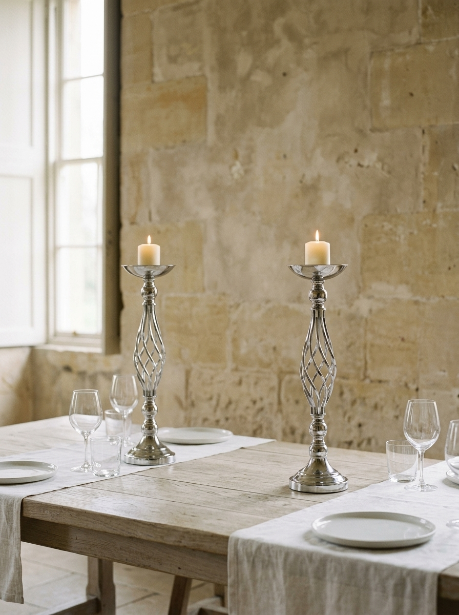 Durance Twisted Centerpiece Stand — Silver, Set of 2 — in a room