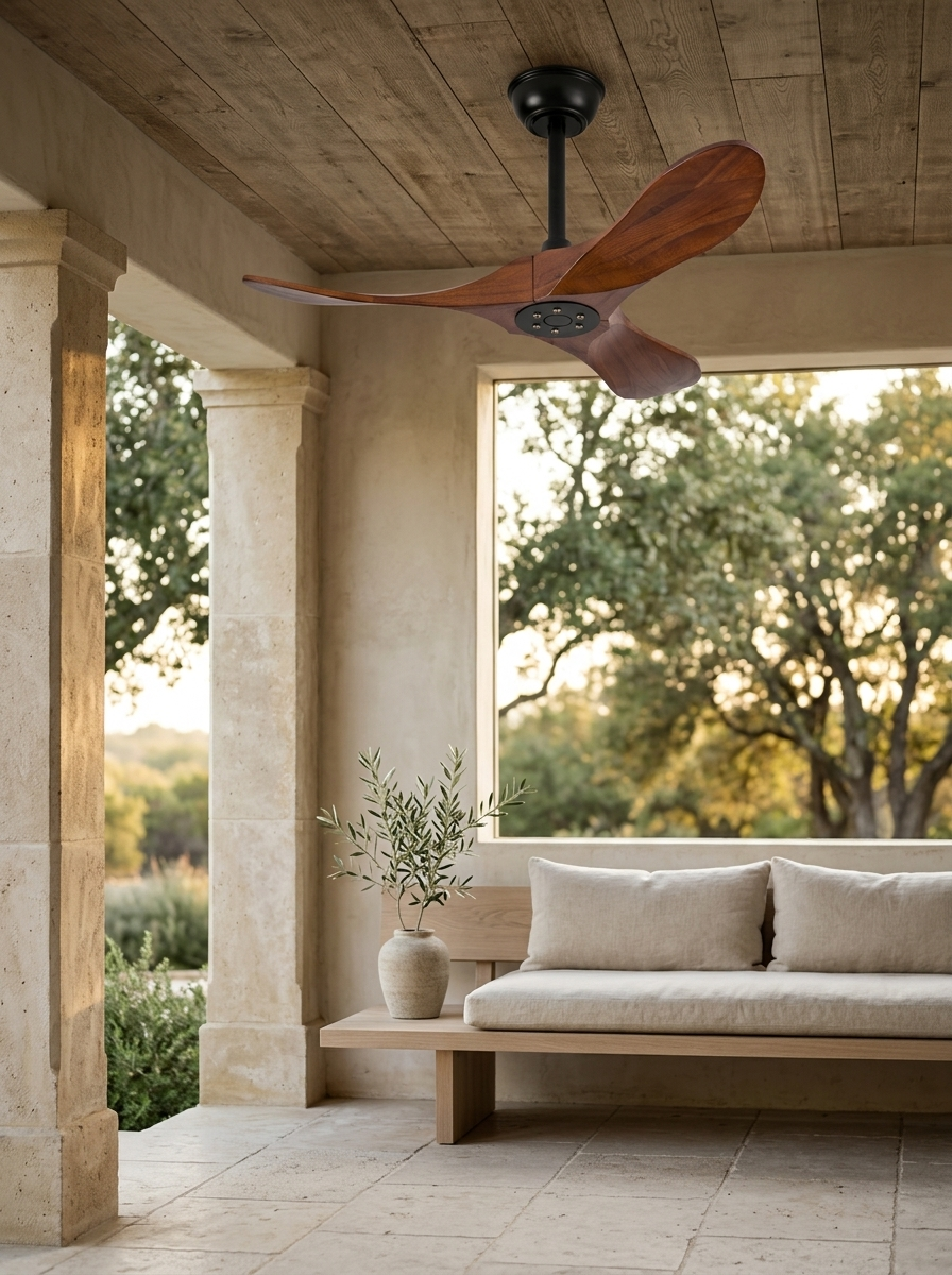 Dampierre 36" Wood Outdoor Ceiling Fan — Walnut — in a room