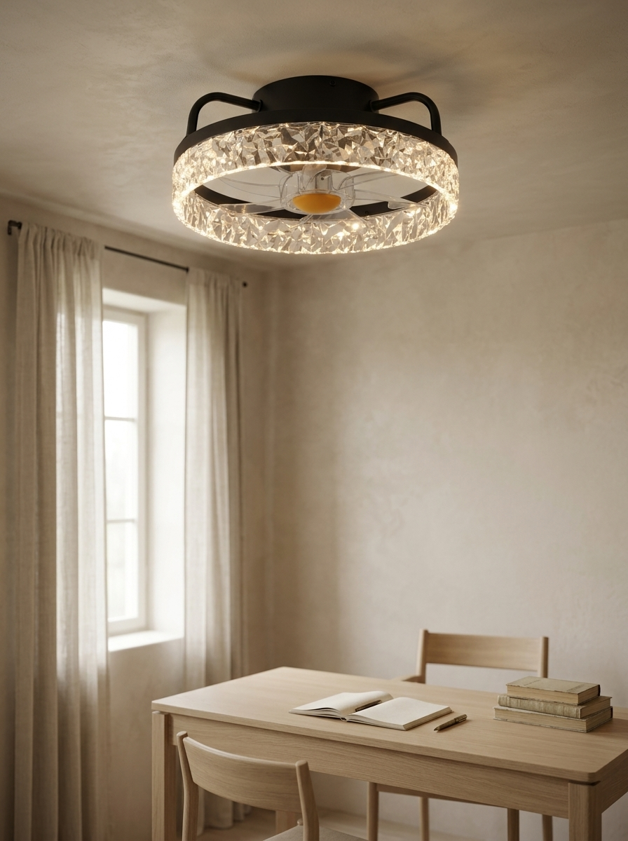 Deauville 13" Enclosed Ceiling Fan with Light — Black — in the room