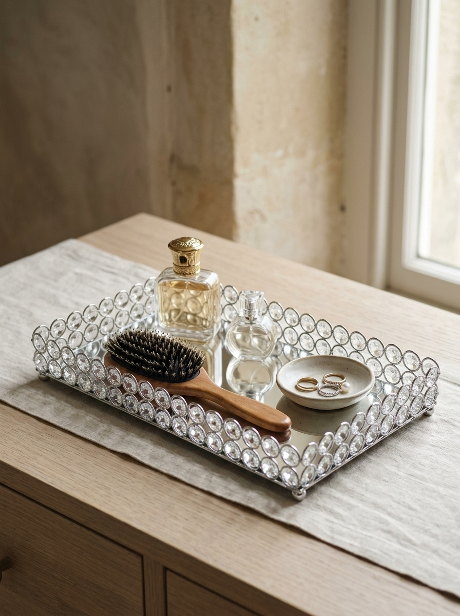 Diane Mirrored Crystal Vanity Tray — Silver — in the room