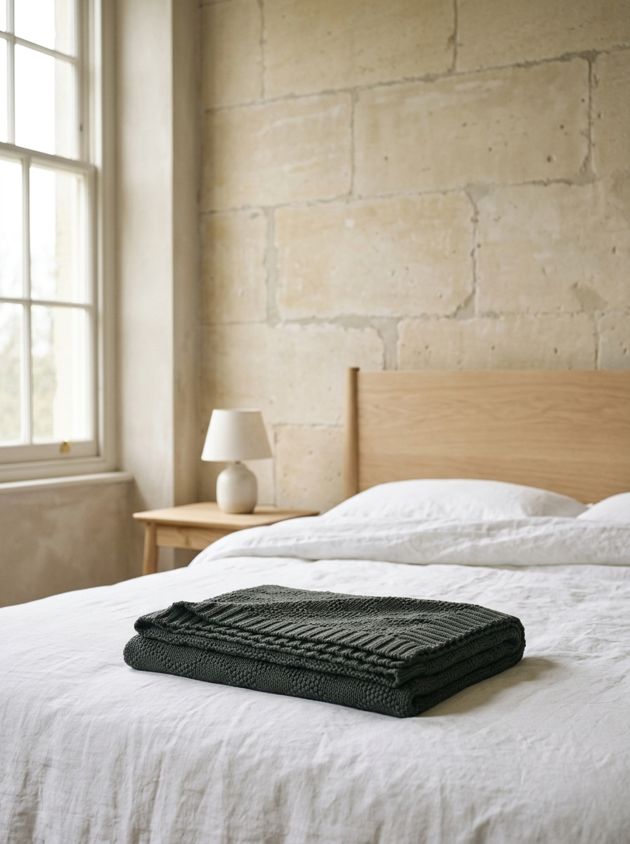 Daria Cotton Cable-Knit Throw — Charcoal — in the room