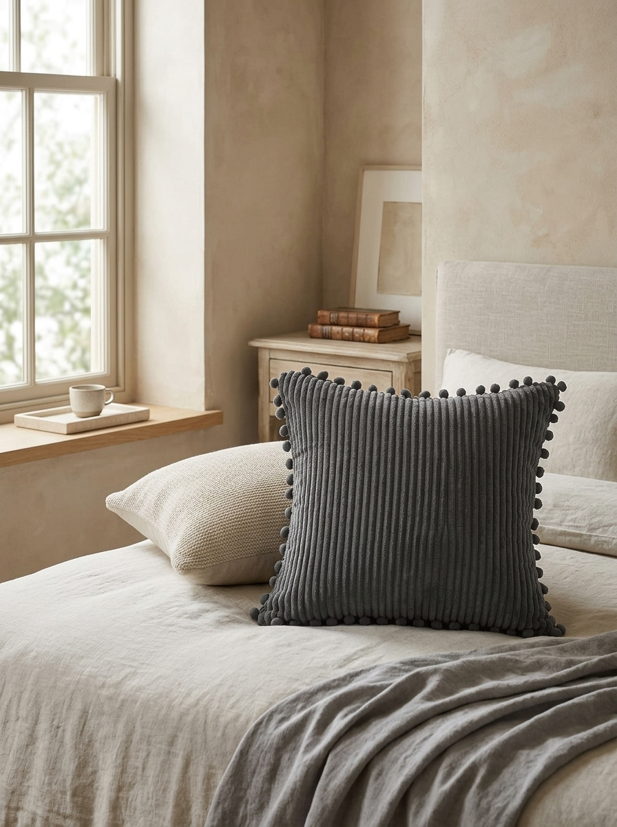 Dune Corduroy Pom-Pom Pillow Covers — Dark Grey, Set of 2 — in the room