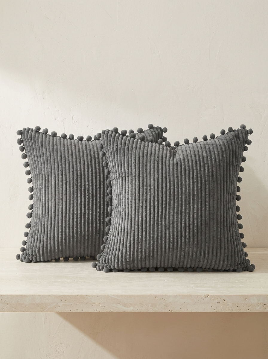 Dune Corduroy Pom-Pom Pillow Covers — Dark Grey, Set of 2 — product